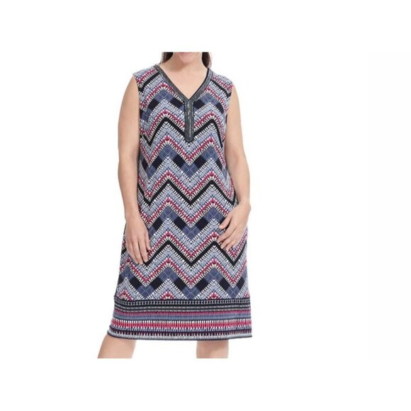 Size 2X 18 20 JM Collection Navy Chevron Print Beaded Shift Dress Summer Plus Sz - Picture 5 of 5